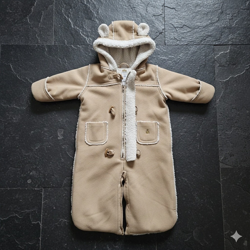 Baby Gap Bear Hood Snowsuit‎ Bunting 3-6 Months Tan Fleece Lined